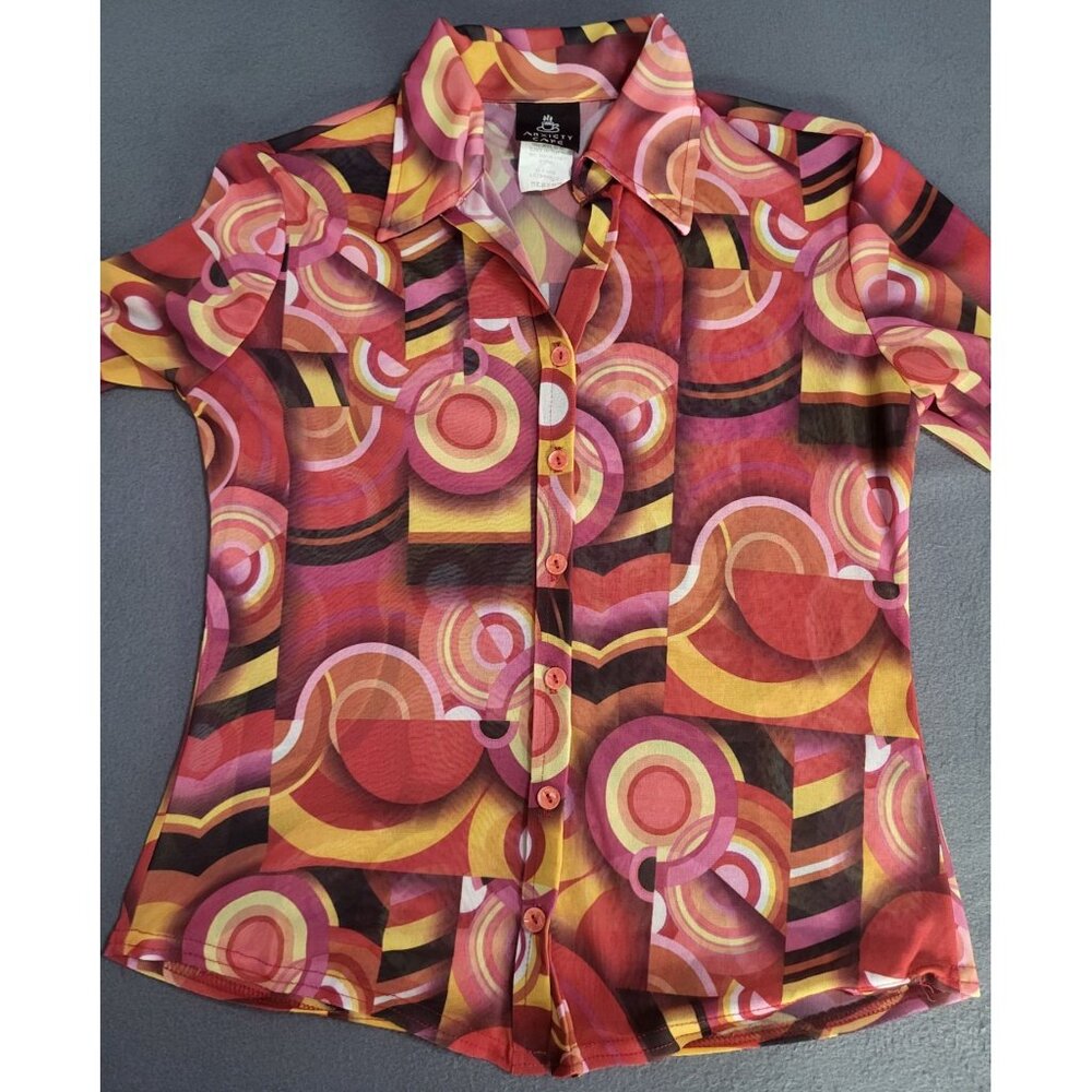 VTG 90s Y2K button up mesh sheer retro top retro funky rave Anxiety Cafe USA MED